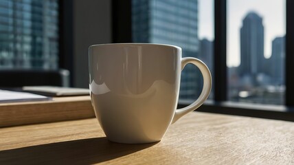 A coffee mug on a wooden table with a city view in the background.