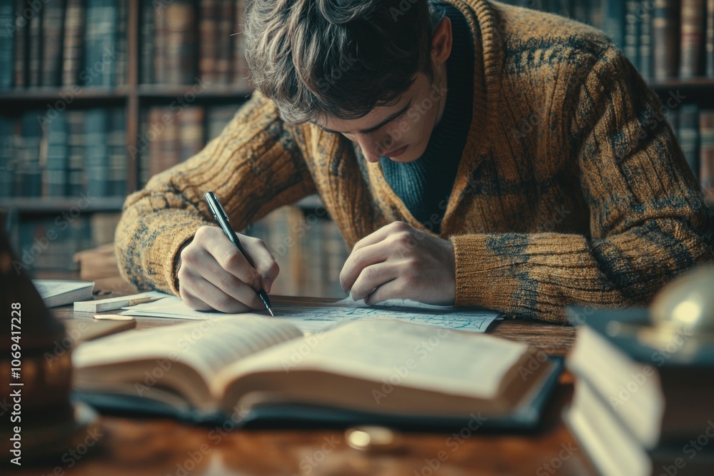 Poster student studying and taking exam in old university library