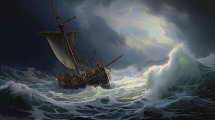 Odysseus's Ship Battling Stormy Seas Under Dark Skies