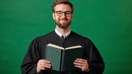 Lawyer wearing a black gown holds a law book while smiling against a green screen background. The scene captures a professional atmosphere in the legal field