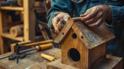 Crafting a rustic wooden birdhouse in a workshop setting