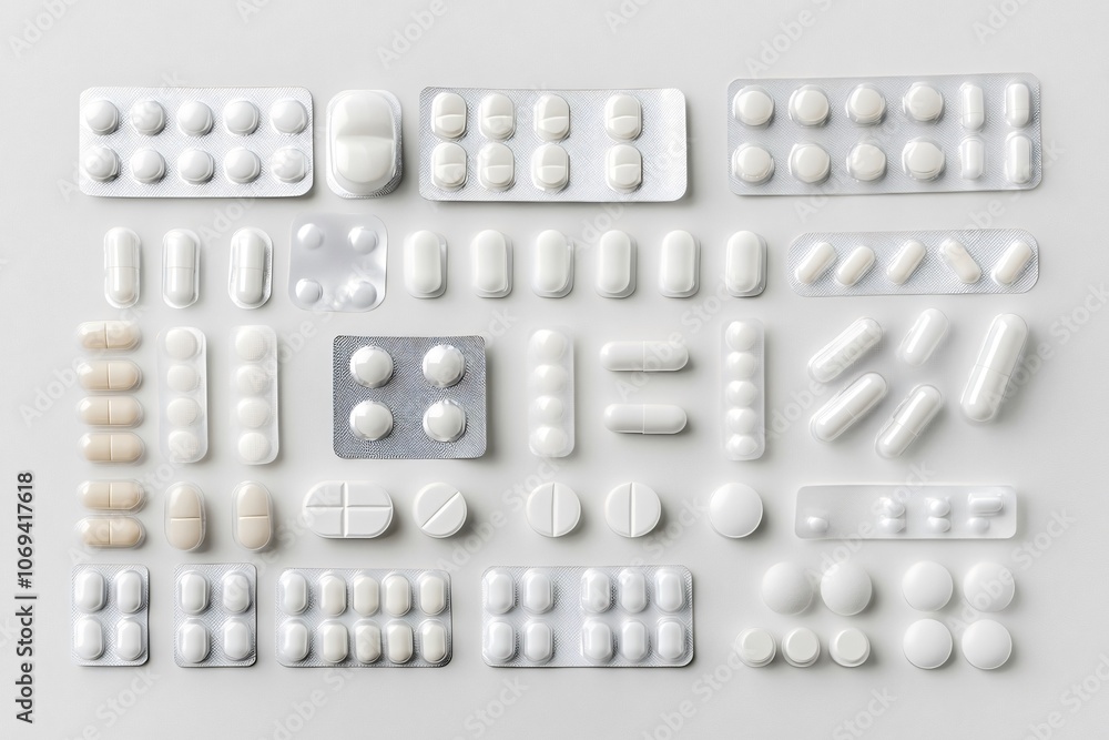 Poster blister packs containing various types of pills and capsules are neatly arranged on a white backgrou