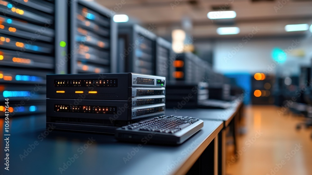 Poster data center with network devices and servers
