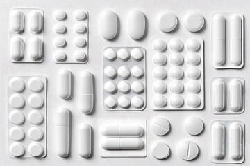 Blister packs and loose pills creating a pattern on a white background, representing pharmaceutical products, medicine, and healthcare