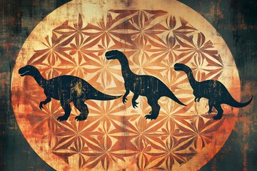 The silhouettes of three dinosaurs in a sequential arrangement, walking against a warm, textured backdrop of orange and brown hues.