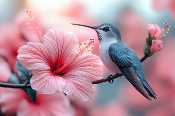 Naklejka premium Hummingbird perched on hibiscus flower in vibrant floral scene