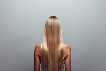 Fototapeta premium photo capturing the rear view of a stunning blonde woman with long, silky straight hair on a plain