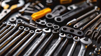 Fototapeta premium Assorted wrenches and tools on a workbench - perfect for workshop and diy projects