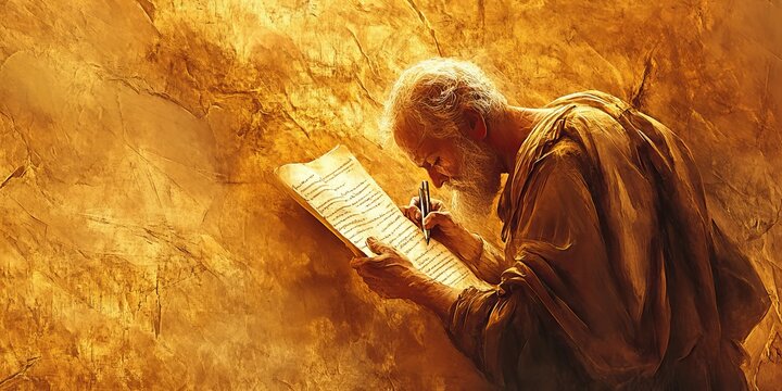 Abstract background of prophet Isaiah writing on a scroll with warm light and minimal design, biblical scene, religious concept