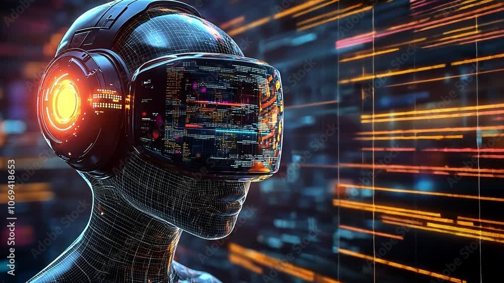 Poster a person immersed in virtual reality interacts with vibrant digital data in a futuristic setting