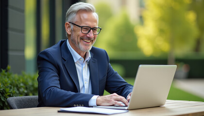 Fototapeta premium Businessman Working on Laptop Outdoors