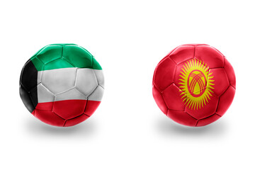 football balls with national flags of kyrgyzstan and kuwait ,soccer teams. on the white background.