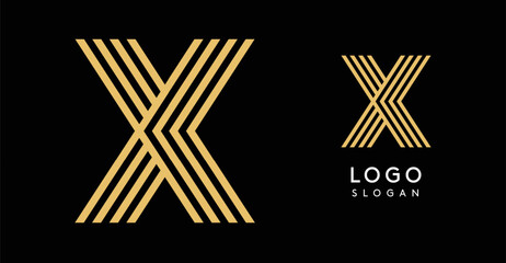 Geometric golden letter X with concentric lines on black background. Sleek sophisticated logo design. Luxury, modernity, elegance logotype for premium branding, corporate identity.Vector illustration.