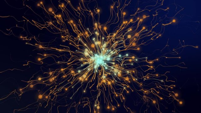 Glowing strands and orbs radiate outward forming vibrant abstract art.