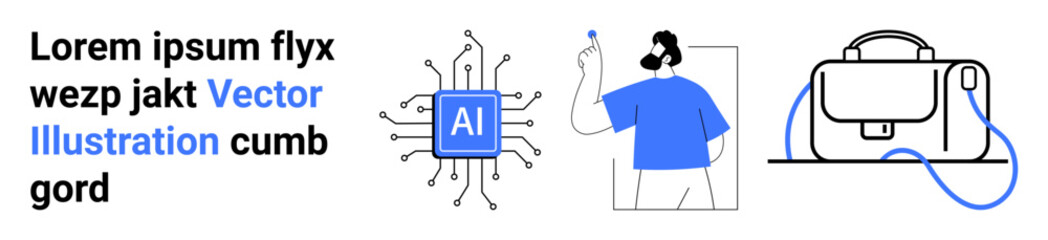 AI chip with circuits, person writing on board, and briefcase represent technology, creativity, and professional work. Ideal for tech blogs, educational content, business websites, AI, startup