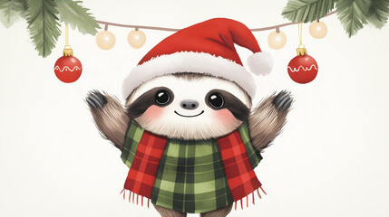 Naklejka premium Sloth wearing festive hat and scarf celebrating Christmas with cute decorations and cheerful expression