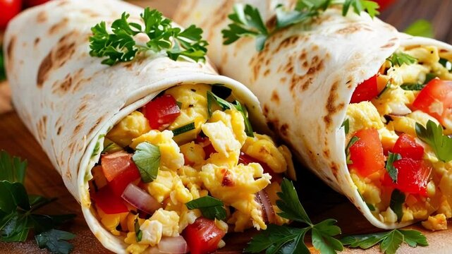 Two breakfast burritos sitting on a wooden surface, filled with scrambled eggs, vegetables, and fresh herbs. The burritos are sliced open to show the delicious filling