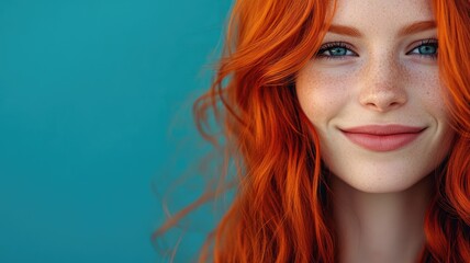 Naklejka premium Smiling Caucasian woman with red hair and freckles against blue background