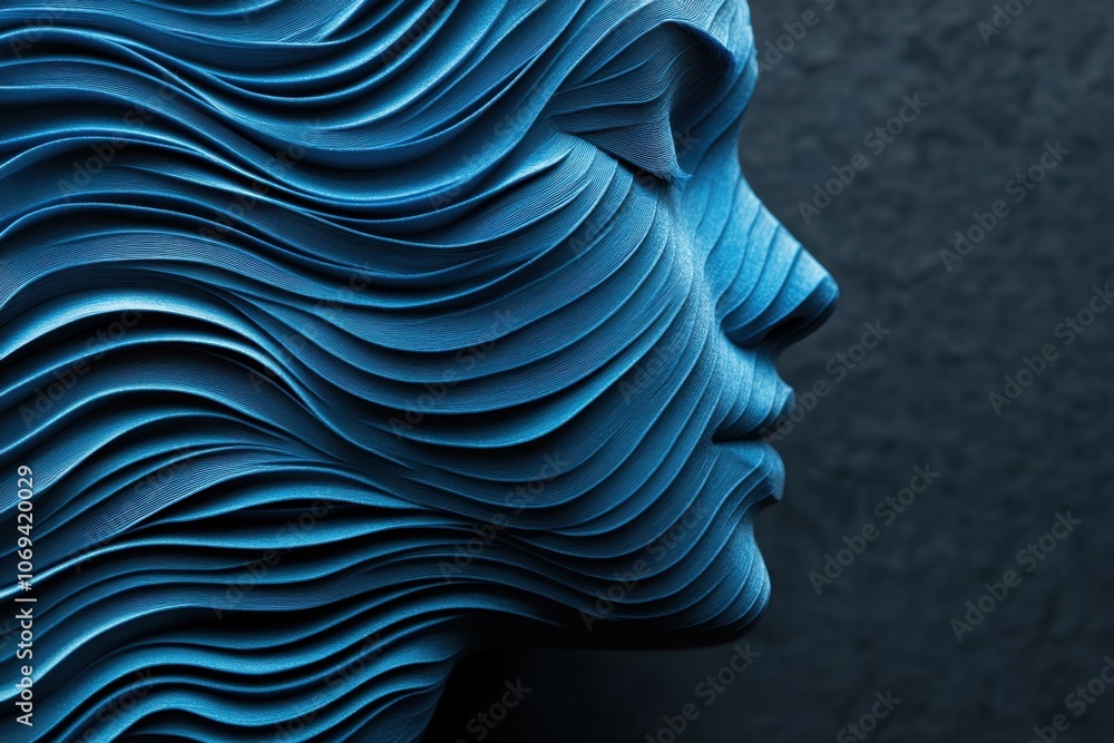 Poster abstract background with blue waves, dark gray gradient, close-up of the side profile head shape of 
