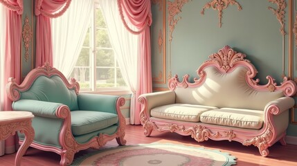 Living Room with Flamboyant Pastel Décor and Curved Lines in Classic Style