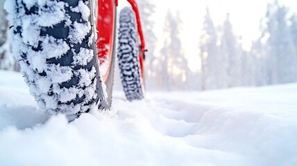 A close-up of a fat tire bike on a snow-covered trail, with chunky tires leaving deep tracks in the powde