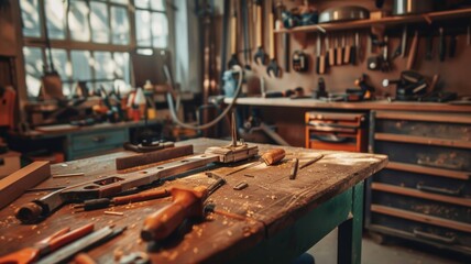Cozy workshop with tools and crafts on a wooden table in a sunlit room