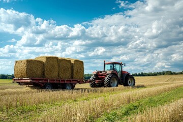 Obraz premium Tractor hauling hay trailer in picturesque rural meadow for agricultural work on farm