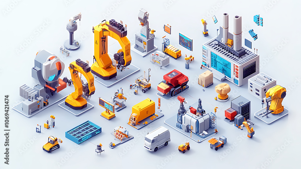 Poster A smart factory presents a seamless integration of connected machines and workers, Increased efficiency, real-time communication, and data-driven decision-making, Advent of Industry 4,0