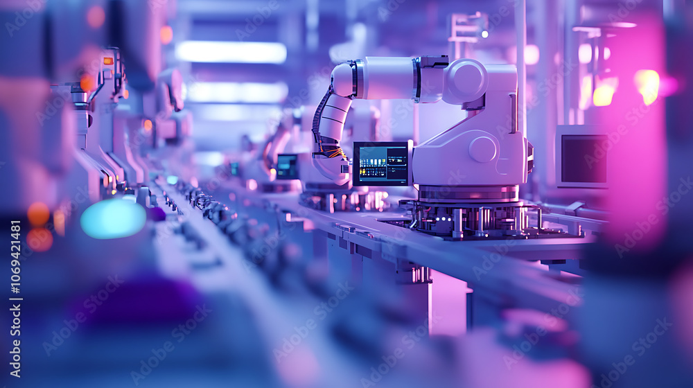Poster A smart factory presents a seamless integration of connected machines and workers, Increased efficiency, real-time communication, and data-driven decision-making, Advent of Industry 4,0