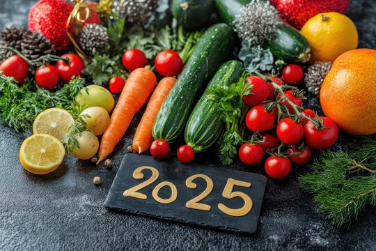 Healthy food selection celebrating new year 2025 with seasonal vegetables and fruits
