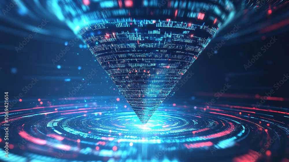 Poster Big data technology and information funnel concept, Large digital funnel with online data as process of data collection, analysis, and transformation into useful information, Modern, digital style