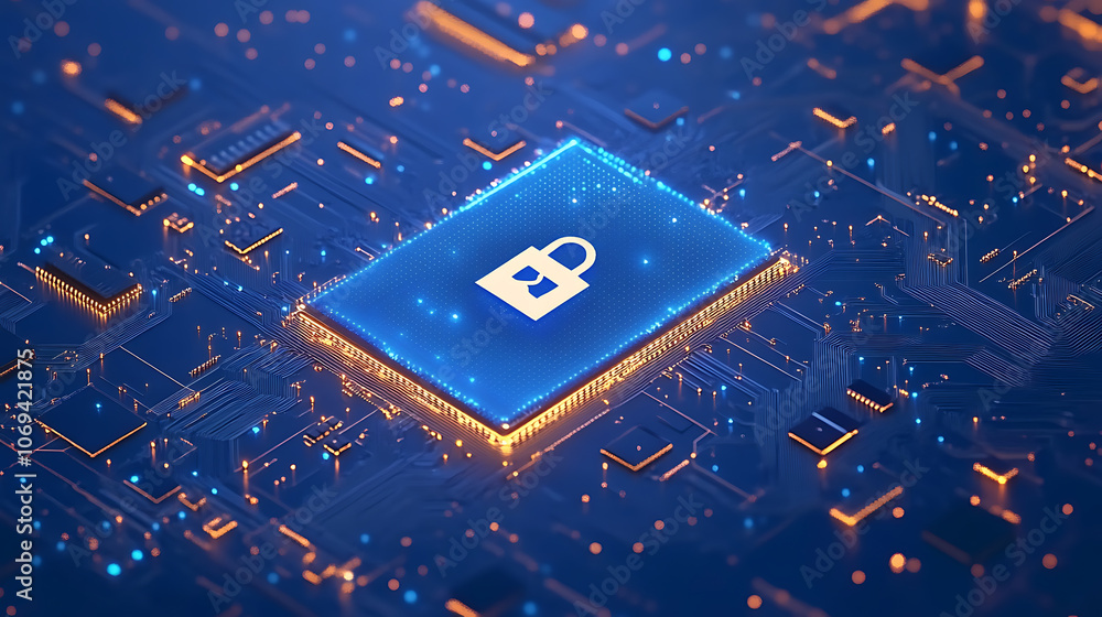Poster concept of endpoint security, a blue abstract microchip scheme with a lock symbol, the lock symboliz