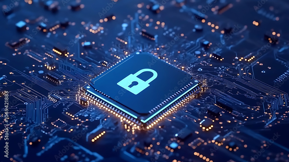 Leinwandbilder Concept of Endpoint Security, a blue abstract microchip scheme with a lock symbol, The lock symbolizes the protection and security measures taken to safeguard digital data