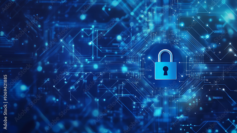 Poster concept of endpoint security, a blue abstract microchip scheme with a lock symbol, the lock symboliz