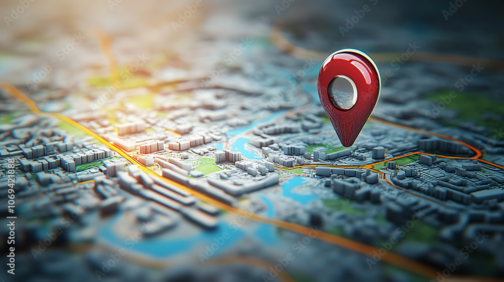 Poster Concept of geofencing, featuring a digital map with virtual boundaries, a location pin, and a mobile device showcasing a geofencing app