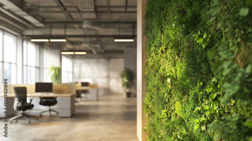 Poster Concept of a green office space, captured with a blurred effect to highlight the serene and peaceful environment cultivated by integrating nature into workspace design