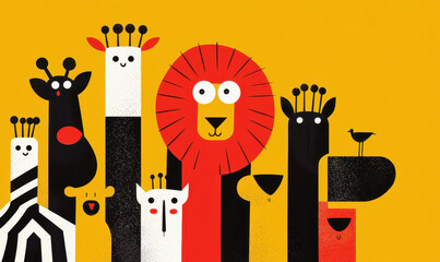 Vibrant Illustration of Stylized Animals in Modern Geometric Art
