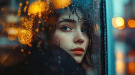 Contemplative portrait of woman on rainy day captured through wet glass