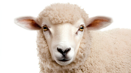 Obraz premium Sheep close-up, looking at the camera, sunny day, white background 