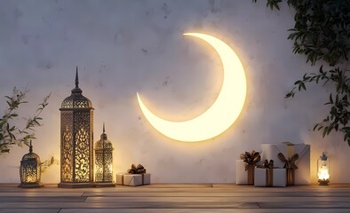 3D rendering Ramadan Kareem background with crescent moon, lantern, and mosque on a white wall with gift box decoration elements in a cartoon style.