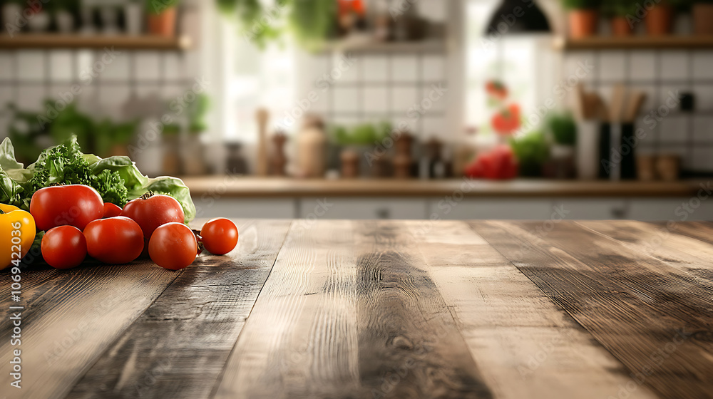 Poster empty wooden table with fresh vegetables and spices and cook on the background blurred kitchen, spac