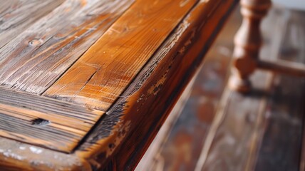 Obraz premium Rustic wooden table close-up with textured surface and natural grain patterns