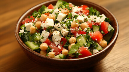 Greek salad with chickpea on wooden background