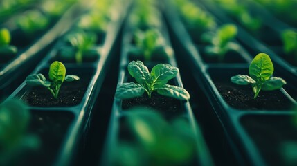 Vibrant young plants in nursery trays for sustainable gardening and agriculture