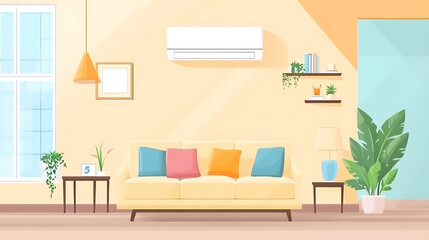 Living room interior with air conditioner, Adjusting comfort temperature in home at hot summer, cooling air in the room