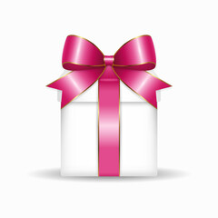 White gift box with pink bow on white background.