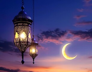 Ramadan background, with ample copy space for text and graphics, adorned with an ornate lantern glowing at night under the crescent moon against a twilight sky