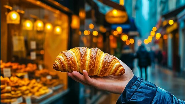 A person holds a golden croissant against a blurred bakery background. City lights illuminate the street, adding warmth and a cozy mood to a late evening scene. This shows a relatable urban lifestyle