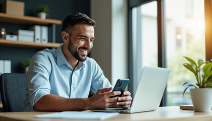 Obraz premium Smiling Businessman Working on Laptop and Smartphone