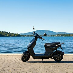 scooter at a lake, sunny day